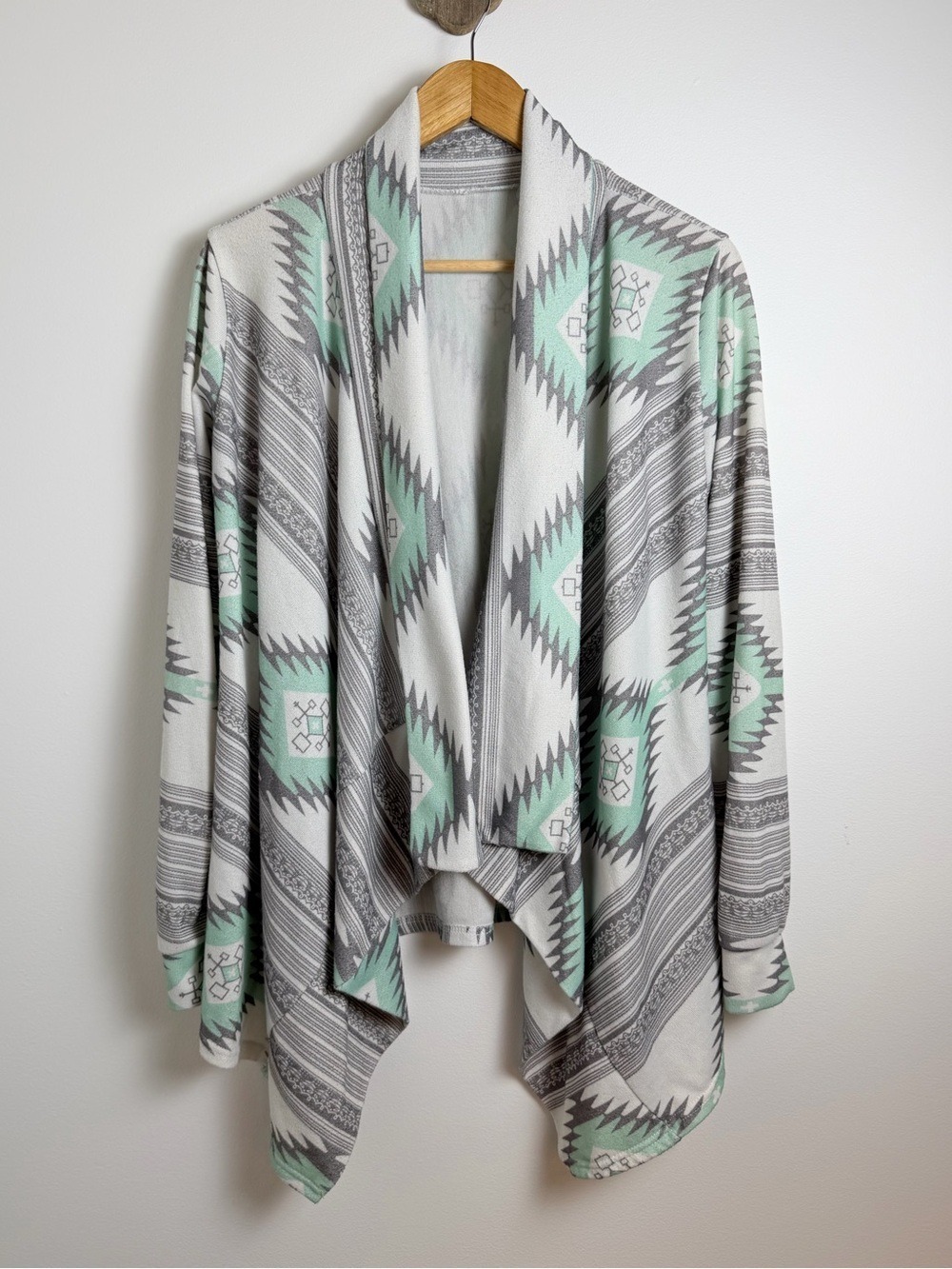 Southwestern Aztec Mint Gray Draped Open Front Cardigan